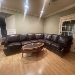 Brown Leather Sectional Sofa + Glass Coffee Table – Excellent Condition!