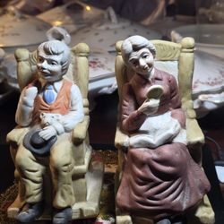 Set of Vintage Ceramic Figurines Depicting an Elderly Couple in Rocking Chairs,