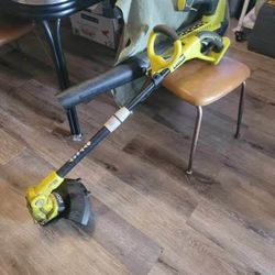 Ryobi 18 V ONE + string trimmer and blower with two 6.0Ah batteries, and chargers