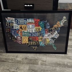 Framed License Plates print of United States art  (38” x 26”) from ZGallerie. With hanging wire, In Excellent Condition. 