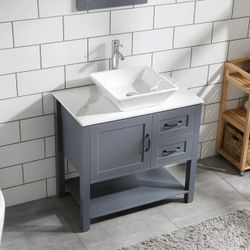 30" Gray Bathroom Vanity and Sink Combo Marble Pattern Top w/Mirror