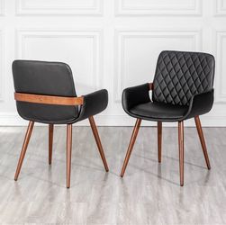 LUNLING Mid Century Modern Faux Leather Dining Chairs Set of 2, Black, Upholstered Seat, Metal Legs, Adjustable Foot for Kitchen Dining Room Desk Chai
