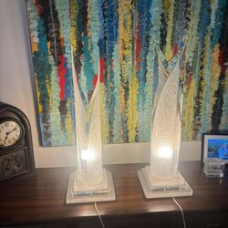 1960’s Mid- Century . Pair of vintage Hollywood Regency crackled Lucite freeform sculpture table lamps.  31” high , 10” square base . $700  for both