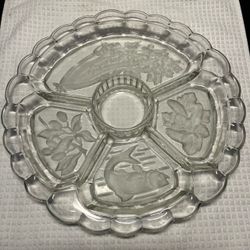 Vtg 12” 1950s MCM Indiana Glass Intaglio Frosted Glass 5-part Relish Tray Divided Serving Platter