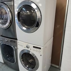 LG Front Loading Washer And Stackable Gas Dryer Set With Steam And Stainless Steel Tubs And Doors
