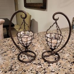 Vintage Top Metal & Glass Candle Holder Set Of 2 - 12” H