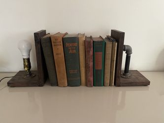 BOOK ENDS + Built In Lamp Light Industrial Pipe & Wood Steampunk 