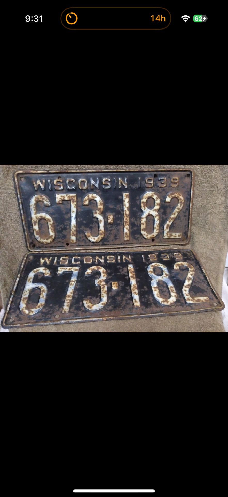 VINTAGE 1939 WISCONSIN LICENSE PLATE (set of 2) #673 182