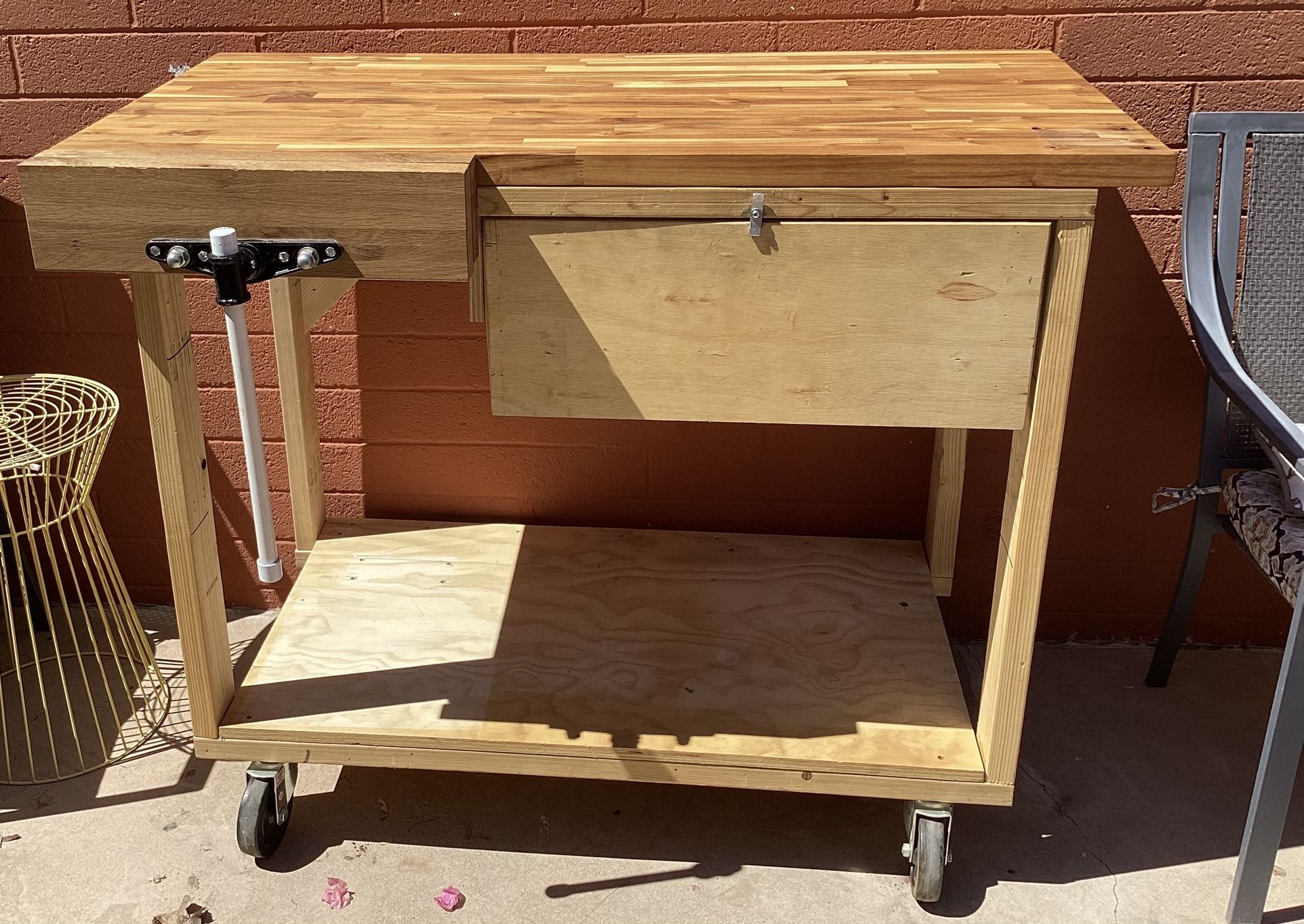 Heavy Duty Work Table With Solid Wood Butcher Block Top.
