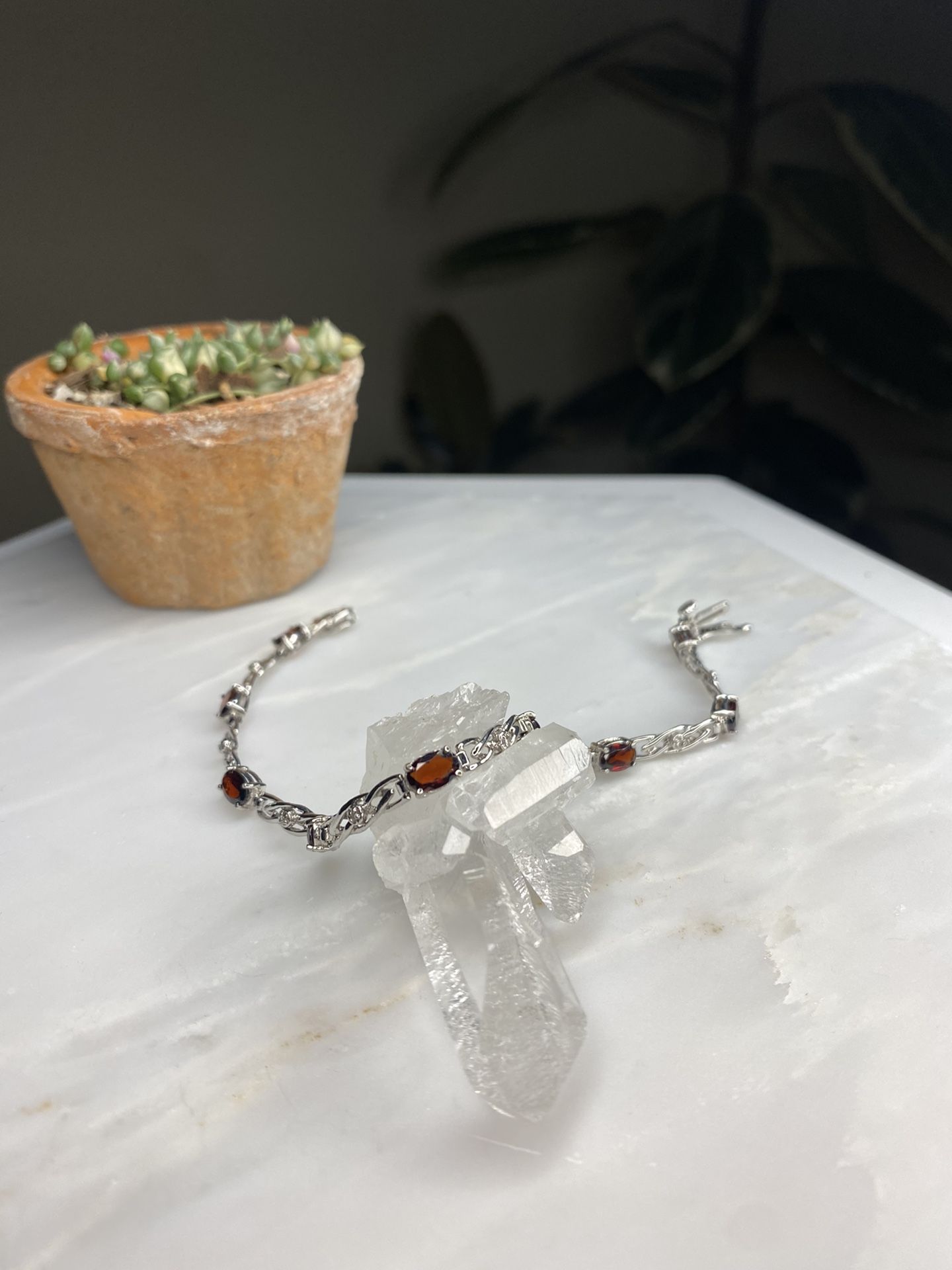 Real 10kt White Gold Garnet & Diamond Bracelet