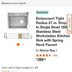 New Glacier Bay Dolancourt Dual Mount 27 in Single Bowl Workstation Kitchen Sink Faucet 