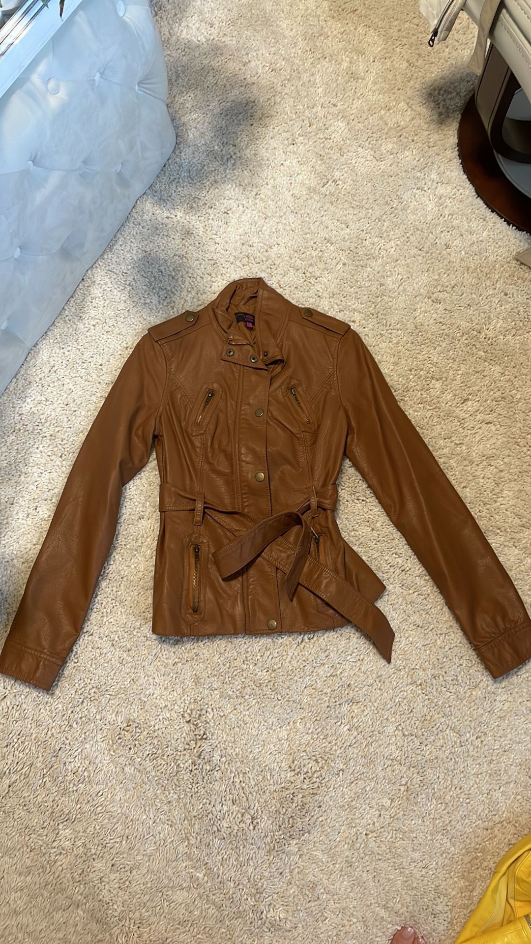 Camel nude tan women’s faux leather jacket coat medium