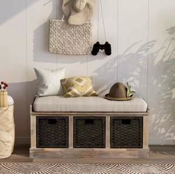 Rustic Storage Bench with 3 Removable Classic Rattan Baskets