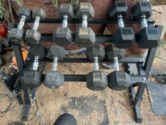 8-40lb hex rubber dumbbell set with rack