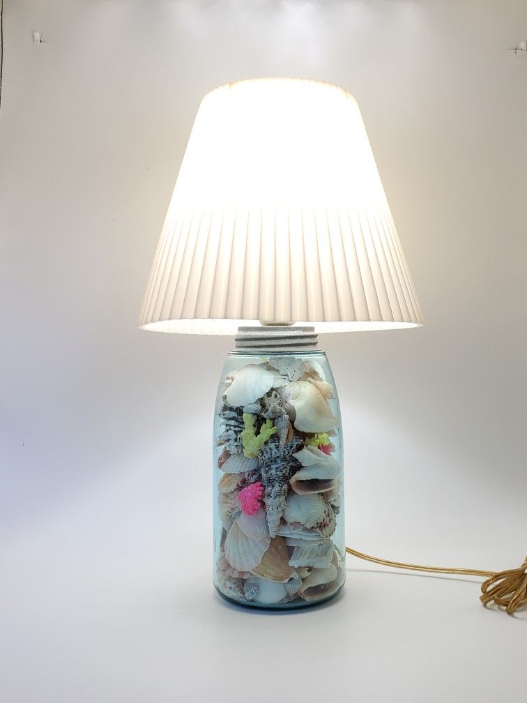 Vintage Maltese Cross Half Gallon Aqua Blue Mason Jar Seashell Lamp