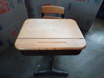 Antique School Desk With Attached Chair.