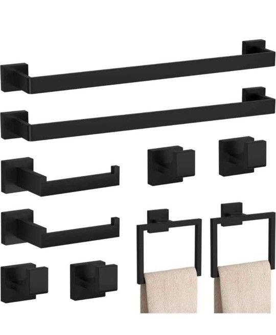 10-Pieces Matte Black Bathroom Accessories Set, 23.6 Inch Bath Towel Bar Set, SUS 304 Stainless Steel Bathroom Hardware Set, Towel Racks for Bathroom
