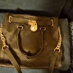Michael Kors Black Perforated Satchel Gold Chain Accents Detachable Strap