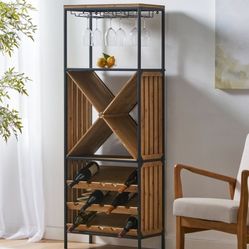 Hamlin Modern Industrial 15 Wine Bottle Rack And Glass Holder, Natural And Black Colors New!.