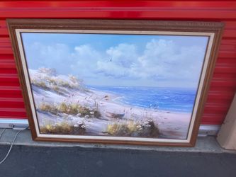 Large Framed Beach Seascape Oil Painting