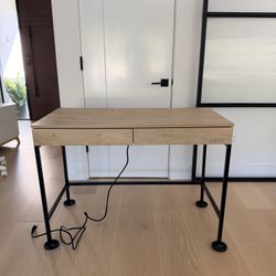 Light Oak Modern Writing Desk – Integrated Power Strip – Black Metal Frame