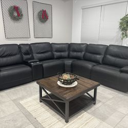 Living Spaces Black Leather Power Reclining Sectional Couch