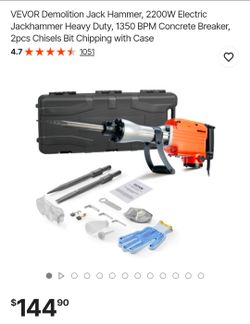 VEVOR Demolition Jack Hammer, 2200W Electric Jackhammer Heavy Duty, 1350 BPM Concrete Breaker, 2pcs Chisels Bit Chipping with Case
