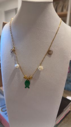 Gold Ocean Charm Necklace – Starfish, Pearl, Fish, Rose & Shell – Never Tarnishes