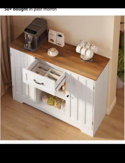 White Kitchen Sideboard Coffee Bar Cabinet with Wood Top