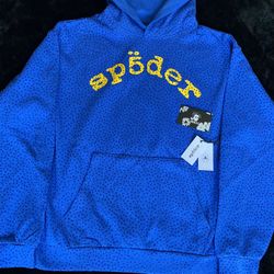 Blue & Yellow Sp5der Hoodie With Rhinestones Brand New 