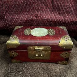 Vintage Shanghai Brass And Jade Wooden Jewelry Box 