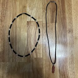 Black Coco Wood Puka Shell Necklace and Carnelian Crystal Necklace