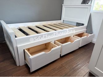 White twin bed and drawers
