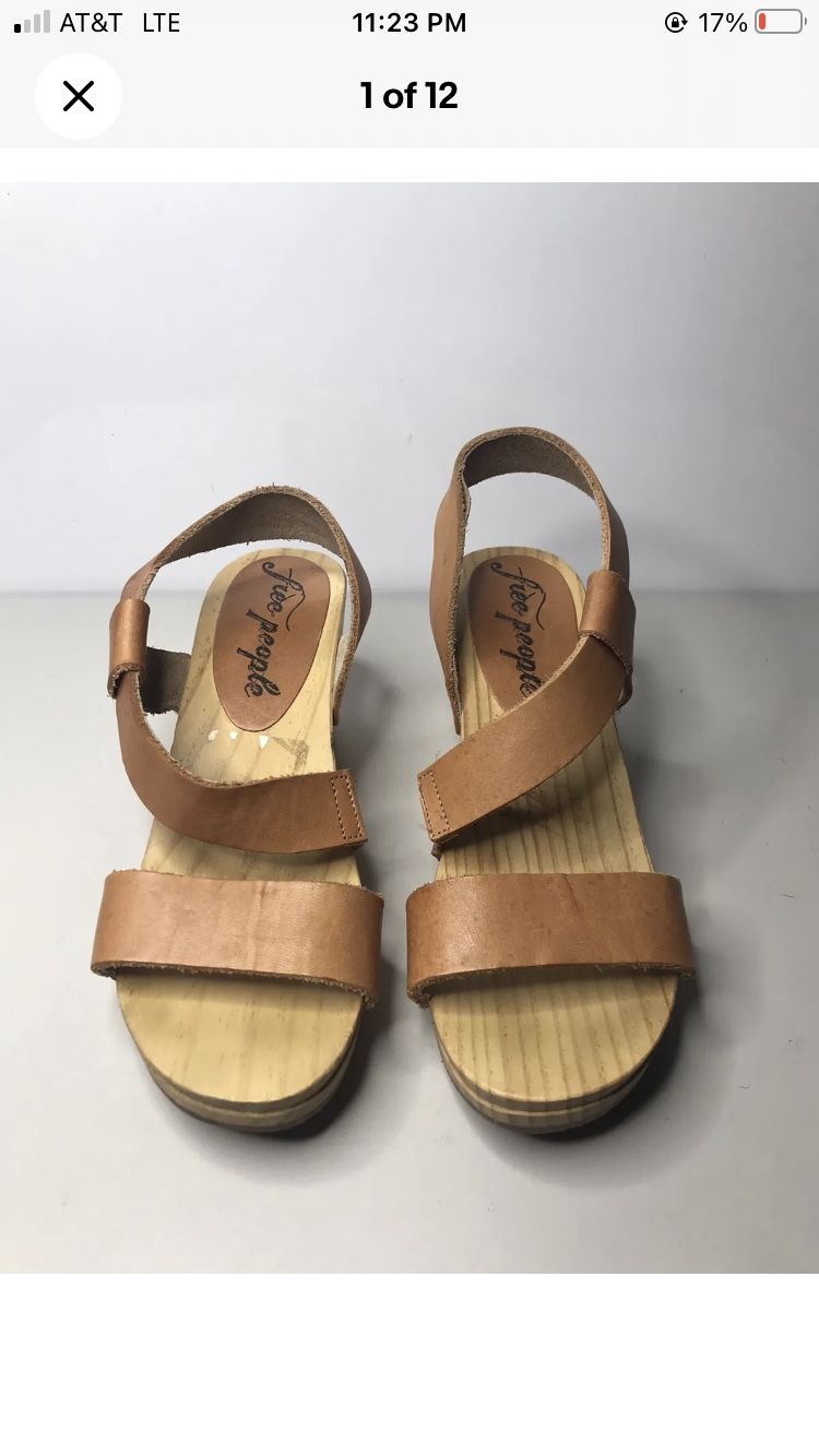 Free People Brown Leather Open Toe Wooden Wedge Sandals Women Sz 38EU/7.5US/6UK