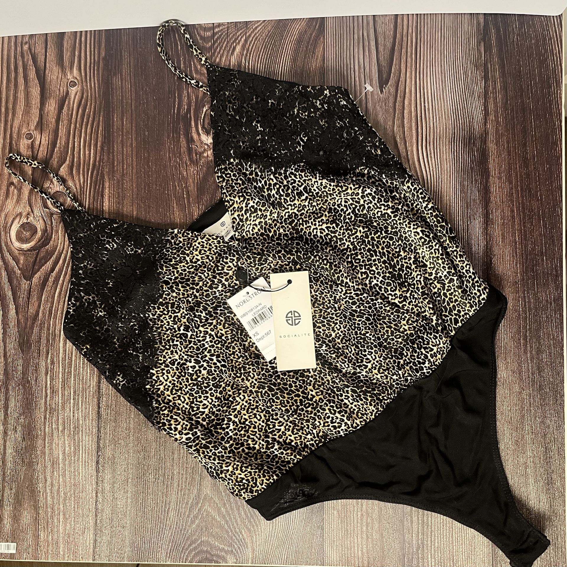 Socialite Leopard Print with Black Lace Detail Bodysuit NWT XS
