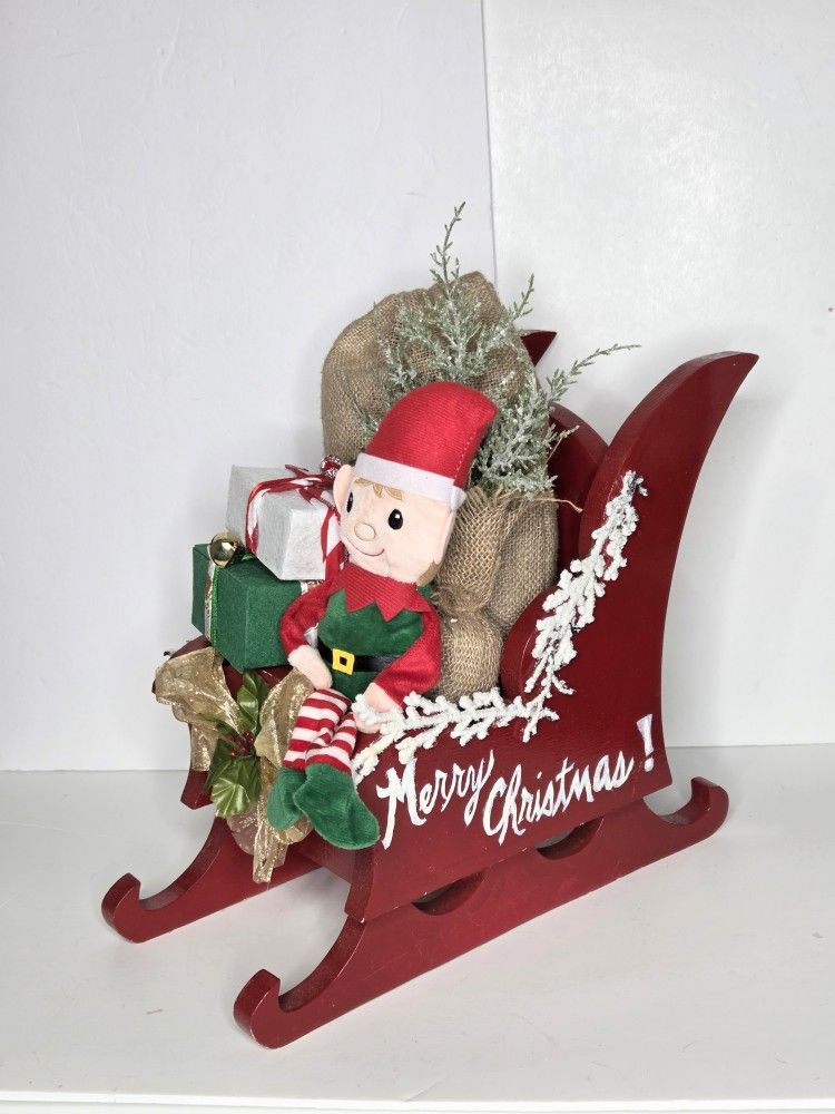 Handmade Red Wooden Santa Claus Sleigh Elf Christmas Presents Centerpiece Decor