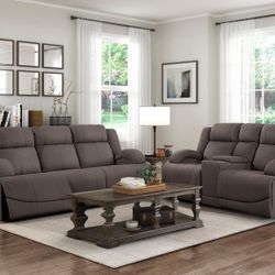Brand New Brown Or Gray Microfiber Manual Reclining Sofa + Loveseat With Cup Holders