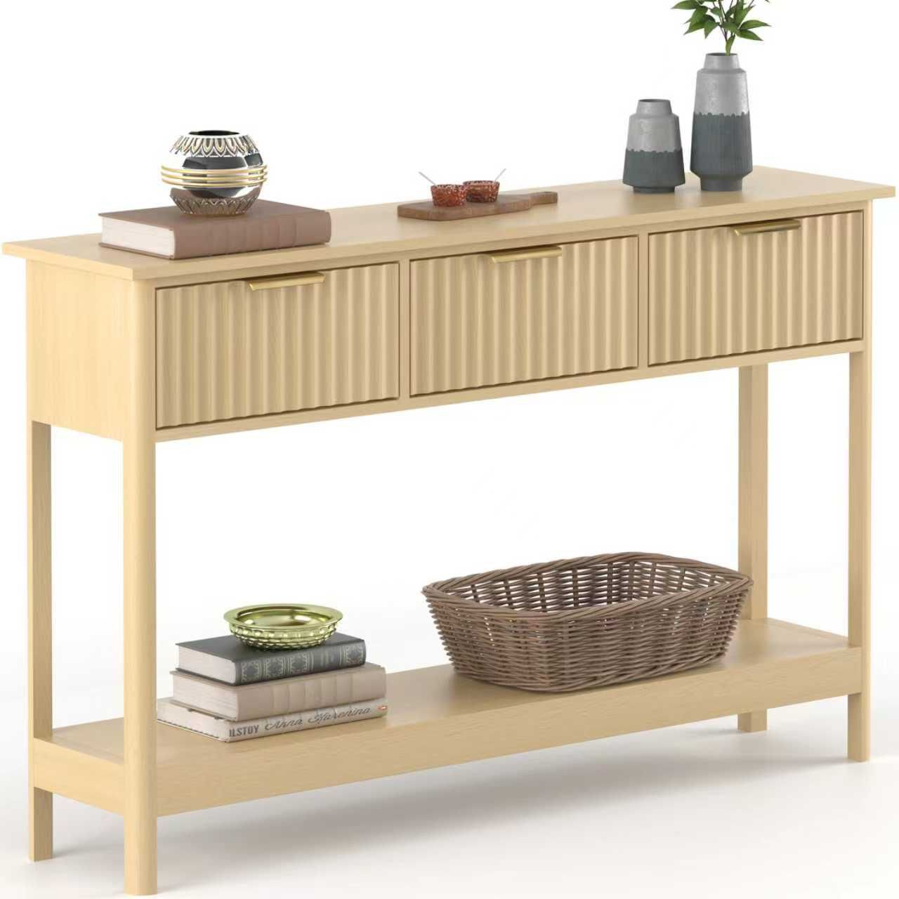 Fluted Console Table with Drawers, Modern 47.1" Entryway Table with Storage Shelf, Natural  