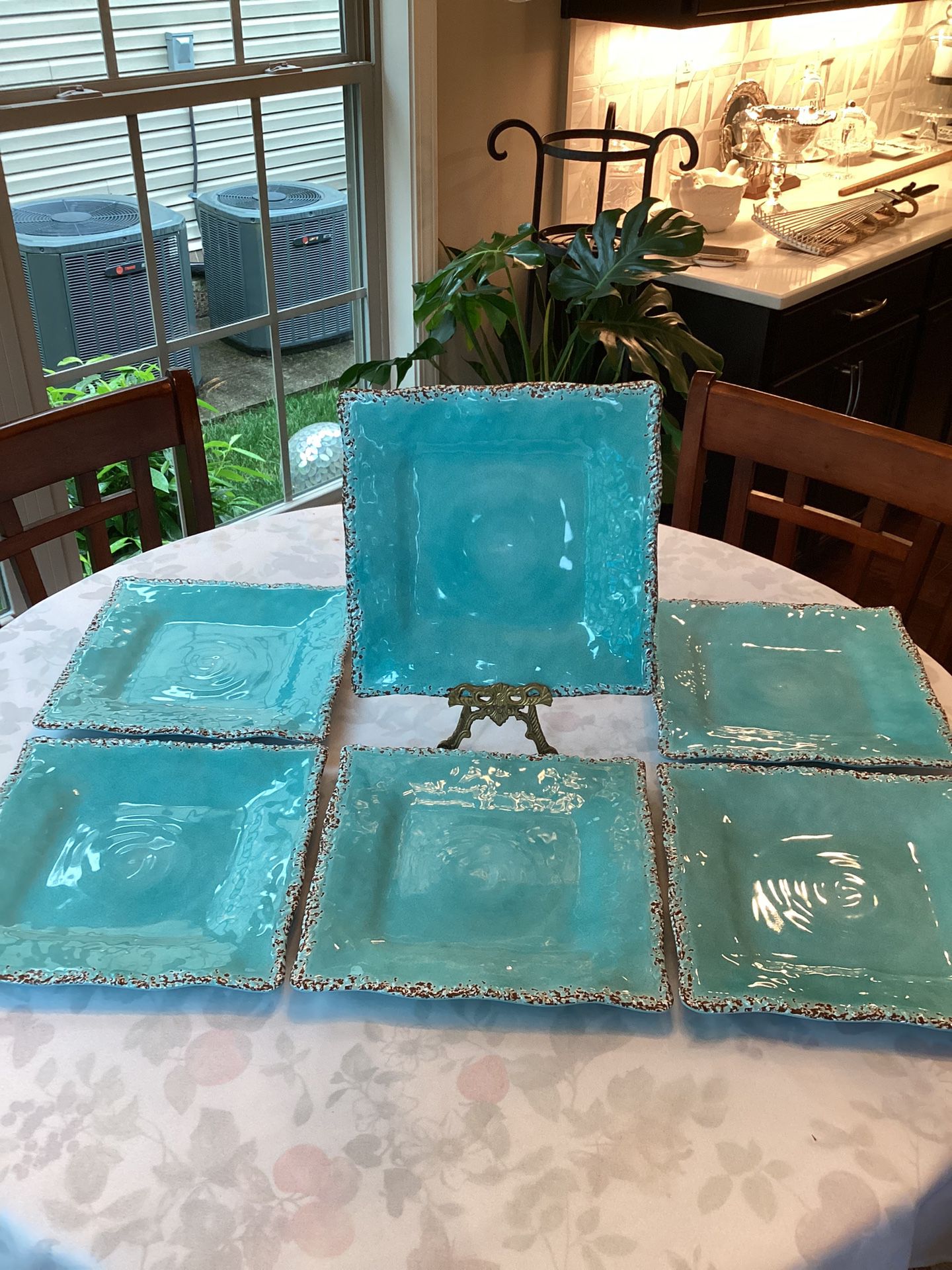SET OF 6 Tommy Bahama Aqua  Blue 11” Melamine  Crackle Rope Edge Dinner Plates  