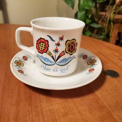 Vintage Berggren "Var Så God" Swedish Folk Art Tea Cup and Saucer, Scandinavian