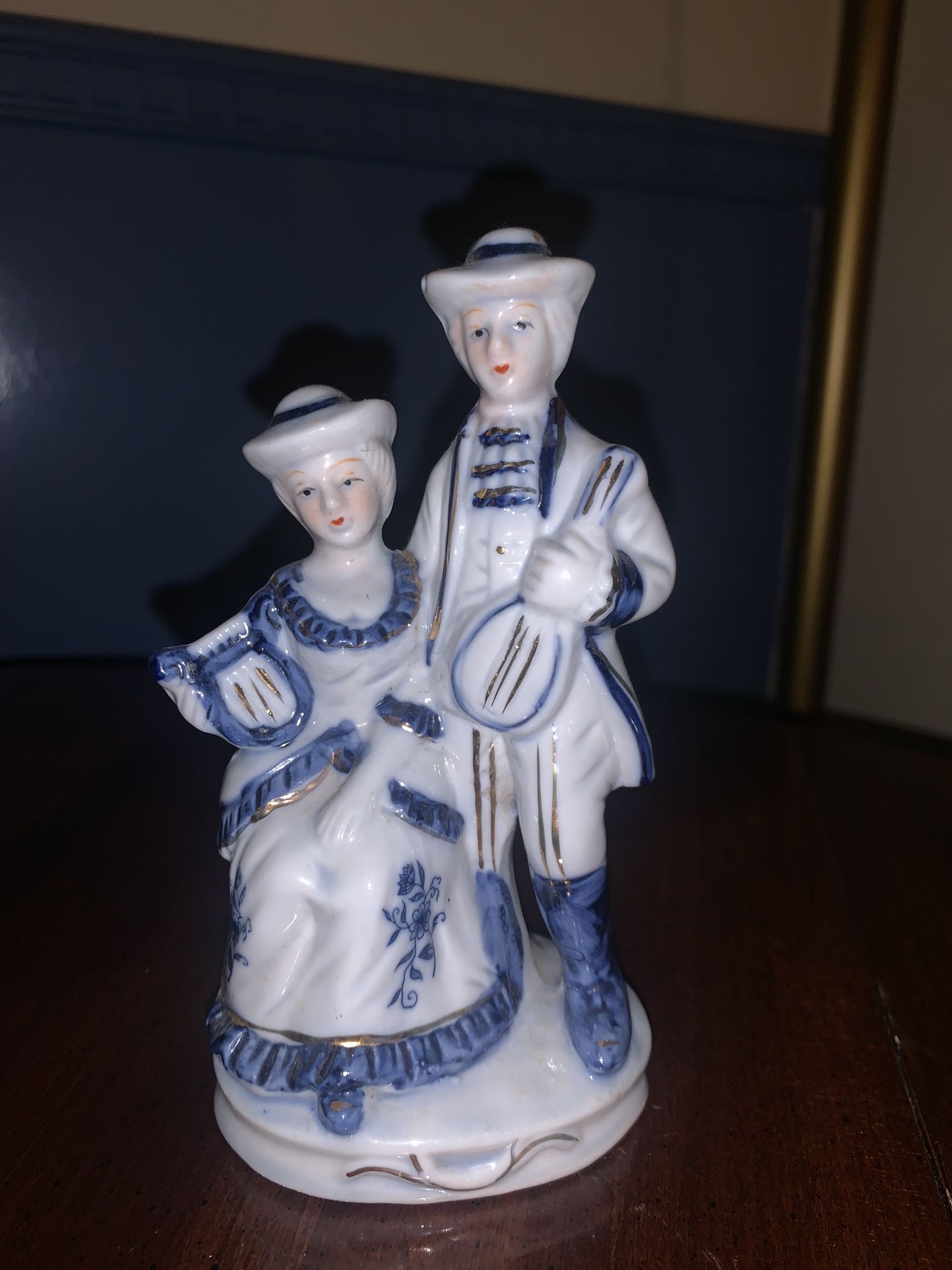 Vintage Porcelain Couple Courting Figurine Statue Sculpture | Blue and White Porcelain Doll Figurine
