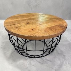 Round Rustic Coffee Table Wood & Metal Basket Base