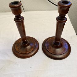 2 Antique Wooden Candle Holders (1929)