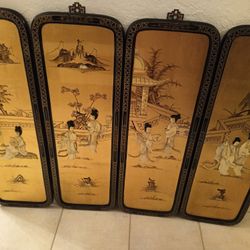 Vintage 1950s Chinoiserie Gold Black Lacquered Mother of Pearl Geisha Motif Wall Panels - Set of 4

