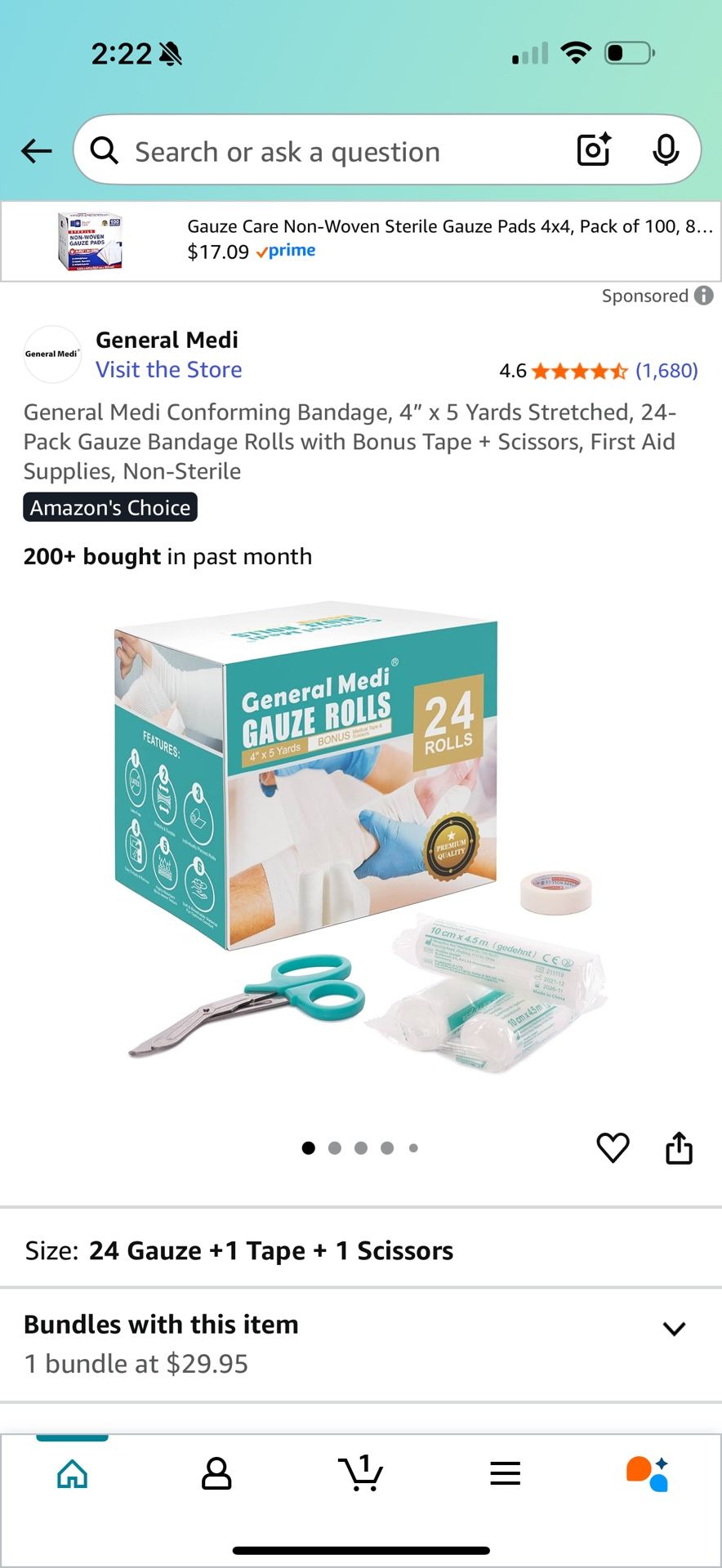 General Medi Conforming Bandage, 4” x 5 Yards Stretched, 24-Pack Gauze Bandage Rolls with Bonus Tape + Scissors, First Aid Supplies, Non-Sterile