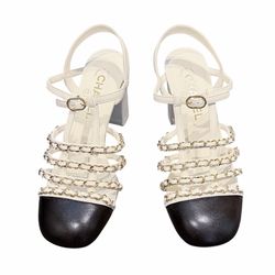 Chanel black & white leather chain sandals