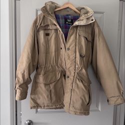 Aberdeen Full Zip Button Up Beige Plaid Lined Hooded Outdoor Jacket Coat med