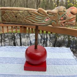 Vintage Hand Carved Wood Dragon Foo Dog On Red wooden Pedestal