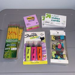 School Supplies Highlighter Binder Clips Pencils Index Cards Post It Notes