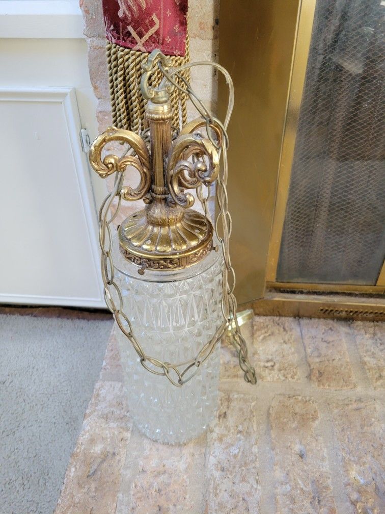 Ornate gold glass lantern swag lamp, retro 70s vintage hanging light